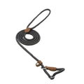 Black and white speckled nylon pup set leash with brown leather loops and handles for durable dog walking