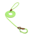 Bright lime green braided rope leash with brown leather loops and metal hardware in a nylon pup set product
