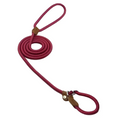 A burgundy red braided rope nylon pup set leash with brown leather loops and a metal clasp for secure attachment