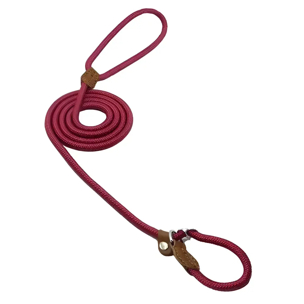 A burgundy red braided rope nylon pup set leash with brown leather loops and a metal clasp for secure attachment