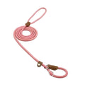 Pink braided rope nylon pup set leash with brown leather loops and metal clasp for durable pet control