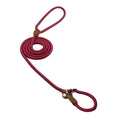 A burgundy red braided rope nylon pup set leash with brown leather loops and a metal clasp for secure handling