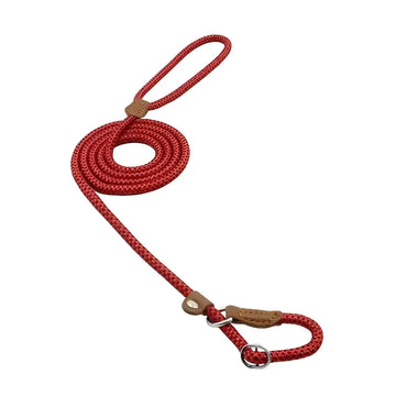 Red braided rope nylon pup set featuring leather loops and a metal ring for secure pet handling and control