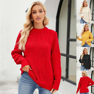 Red cable knit pullover sweater with round neckline and long sleeves ideal for fall winter wear