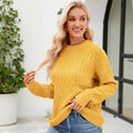 Cozy mustard-yellow cable knit pullover sweater with round neckline and ribbed cuffs for fall winter wear
