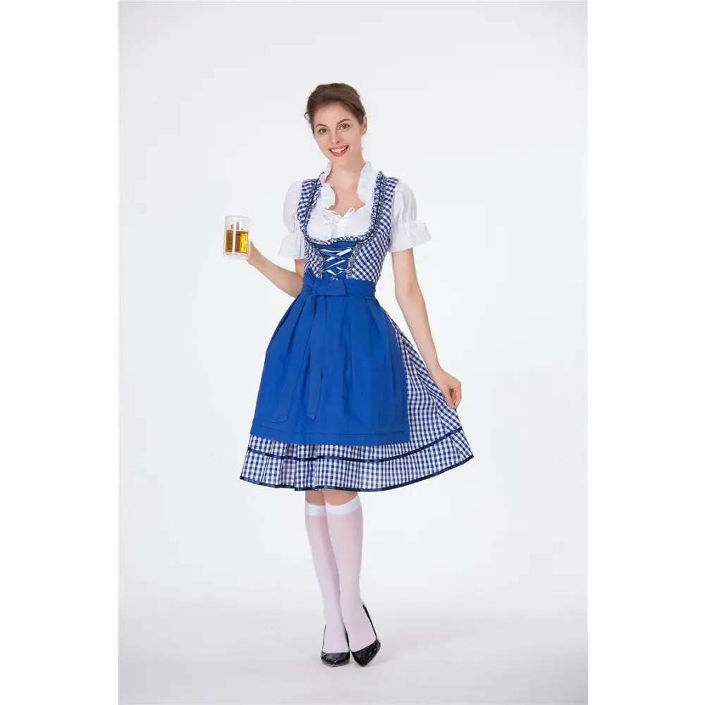 Blue and white checkered dirndl dress with lace bodice and apron perfect for german beer festival clothing
