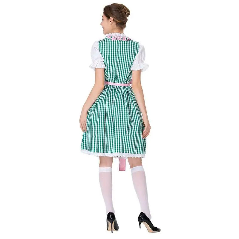 Green and white gingham checkered dirndl dress with pink lace collar and scalloped hem for german beer festival clothing