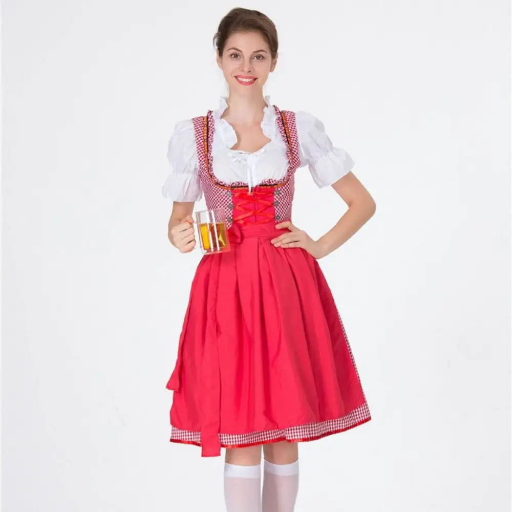 Red checkered german beer festival clothing dirndl with lace-up bodice puffed sleeves and pleated skirt