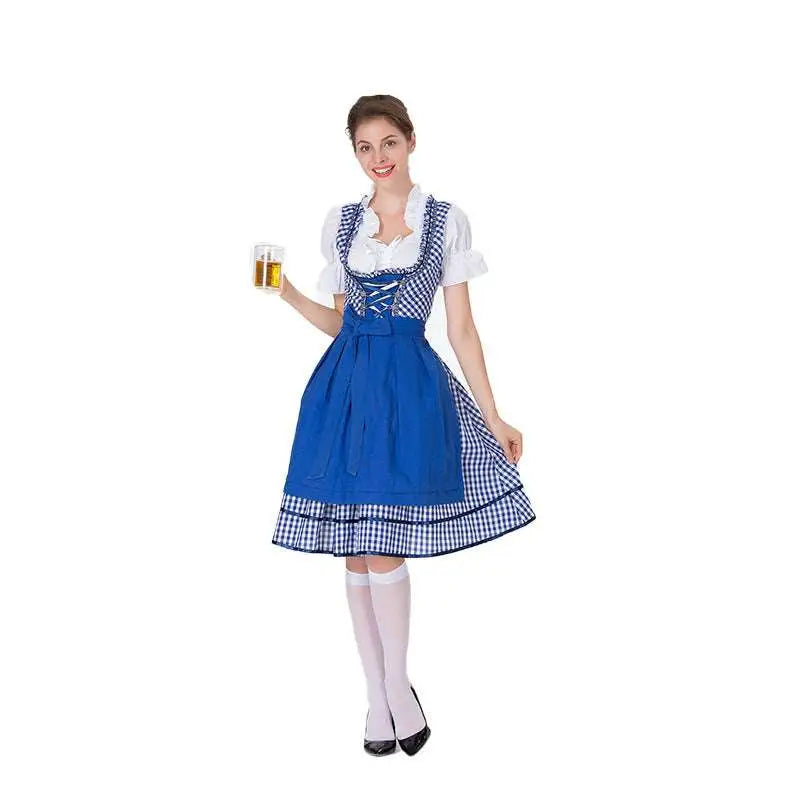 Red checkered german beer festival clothing dirndl with lace-up bodice puffed sleeves and pleated skirt