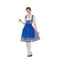 A woman wearing a traditional blue and white checkered dirndl dress with lace-up bodice for german beer festival clothing