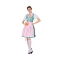A woman wearing a checkered dirndl dress with green and white bodice and pink skirt for german beer festival clothing