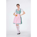 A woman wears a green and white checkered bodice pink skirt lace-up front checkered dirndl dress for german beer festival