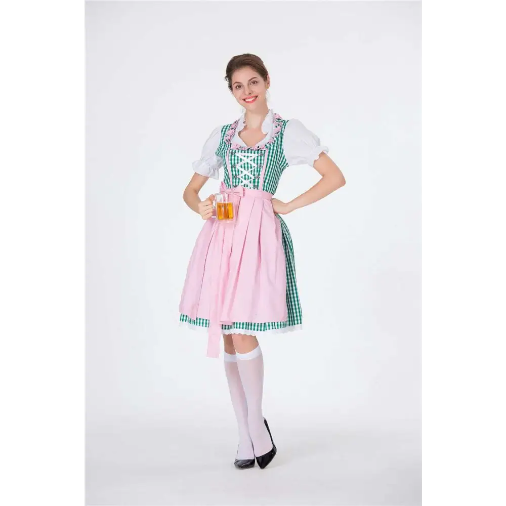 A woman wears a green and white checkered bodice pink skirt lace-up front checkered dirndl dress for german beer festival