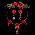 Elegant red crystal flower explosion bride wedding jewelry set with gold-tone metalwork for bride wedding attire