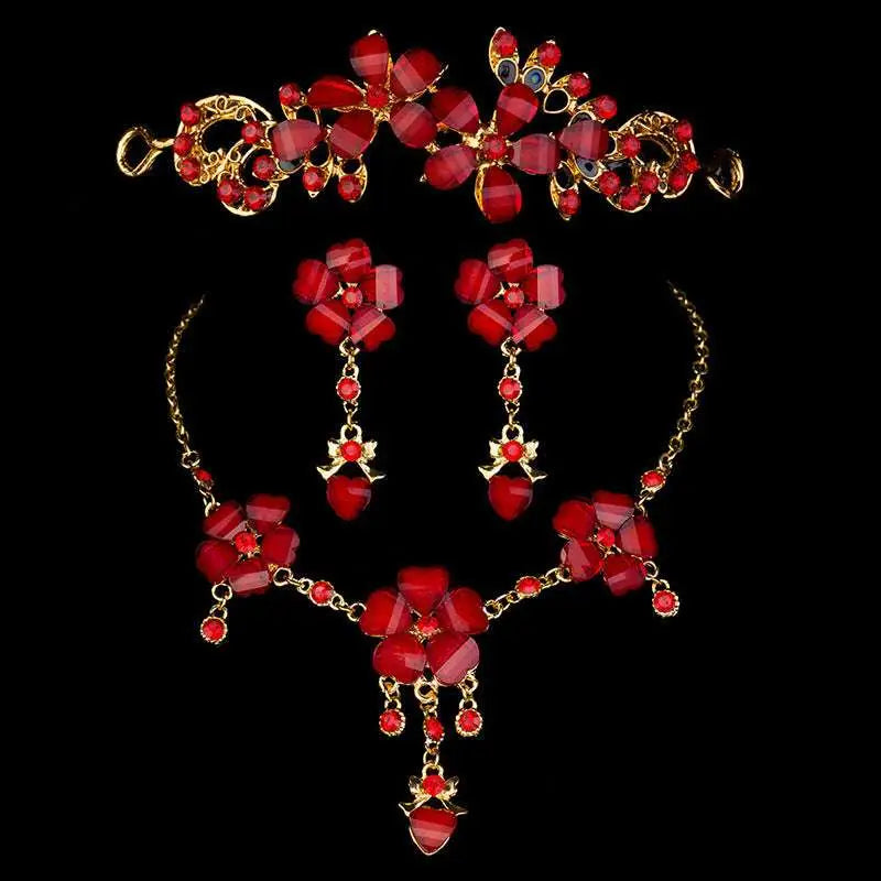 Elegant red crystal flower explosion bride wedding jewelry set with gold-tone metalwork for bride wedding occasion