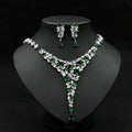 Elegant zircon necklace set with red crystal leaf pattern and v-shaped design featuring emerald and clear stones