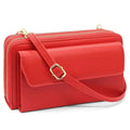 Red faux leather crossbody phone wallet featuring gold-tone zipper and buckle in a compact wallet size design