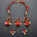 Red floral costume jewelry set with gold-toned wire leaves and crystal accents perfect for jewelry set wedding