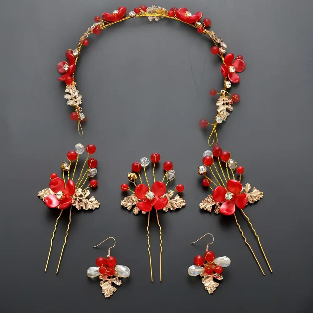 Red floral costume jewelry set with gold-toned wire leaves and crystal accents perfect for jewelry set wedding