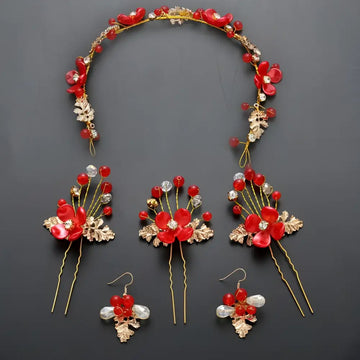 Red floral costume jewelry set with gold-toned wire leaves and crystal accents perfect for jewelry set wedding
