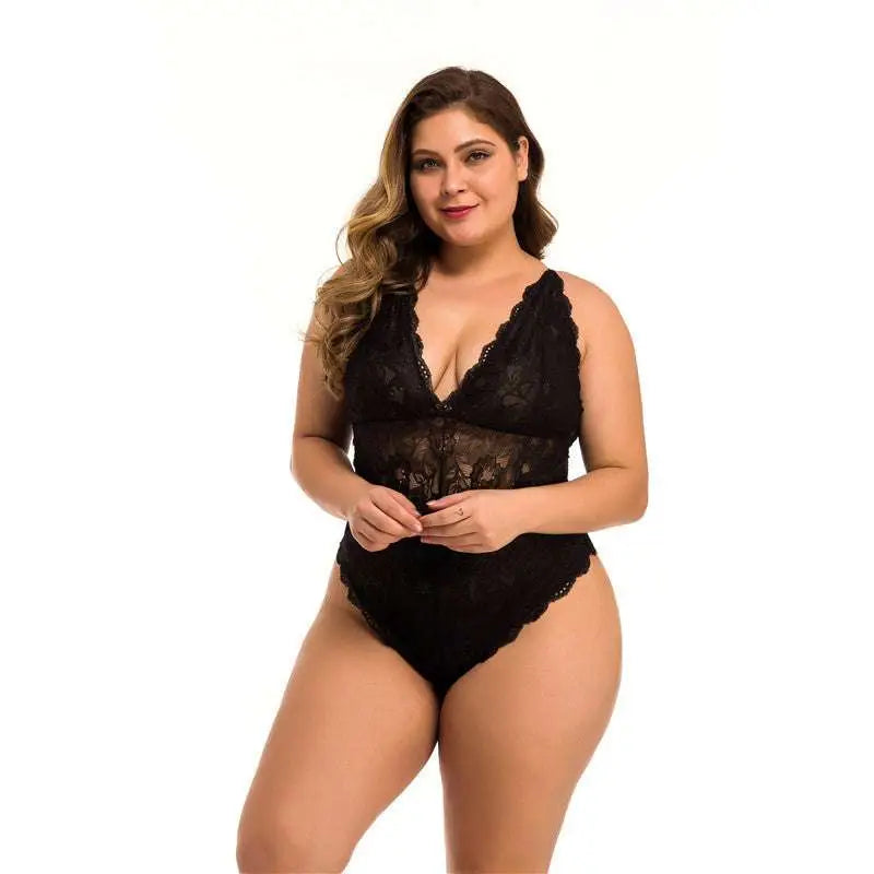 Black lace plus size lace meshsexy lingerie bodysuit with deep v neckline and intricate red floral patterns