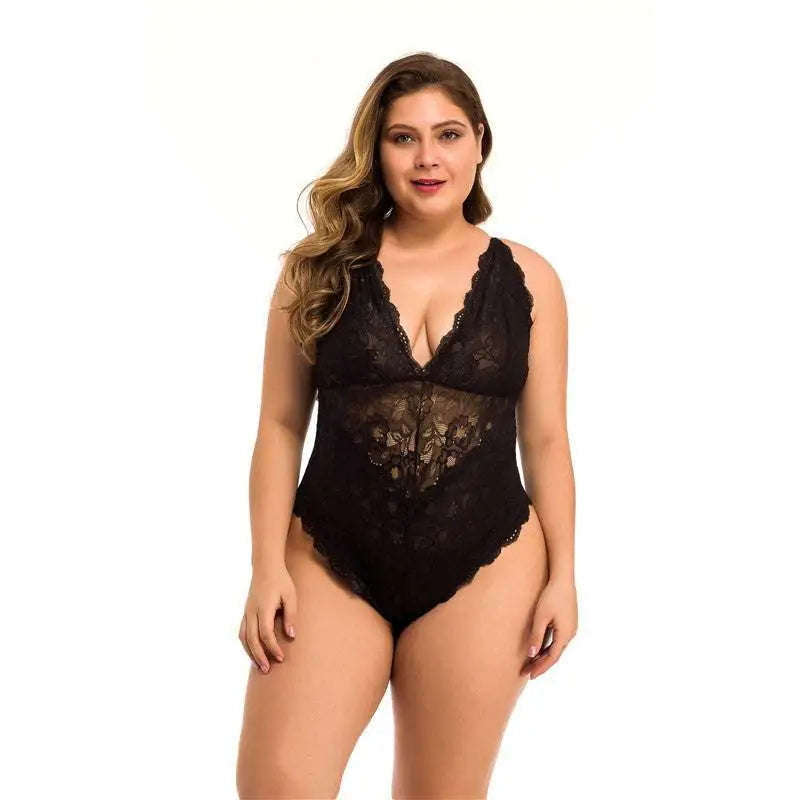 Black lace meshsexy lingerie bodysuit with deep v-neckline and intricate red floral patterns plus size lace design