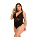 Black lace meshsexy lingerie bodysuit with deep v-neckline and plus size floral patterns in red color