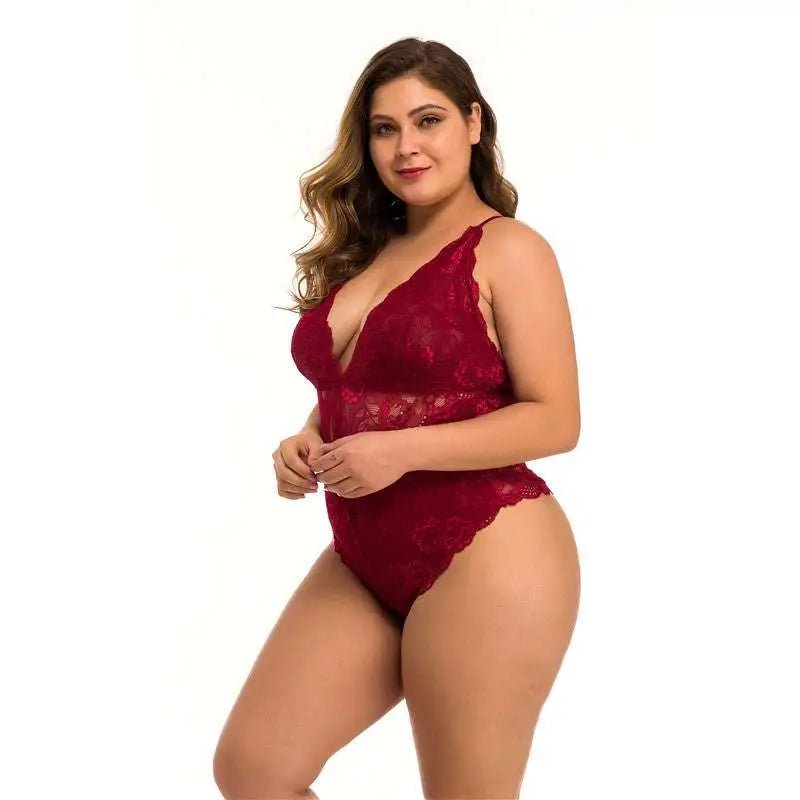 A deep red plus size lace meshsexy lingerie bodysuit with a plunging neckline and delicate floral patterns