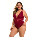 Red floral plus size lace meshsexy lingerie one-piece bodysuit with deep red floral patterns and a plunging neckline