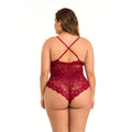 Red floral plus size lace meshsexy lingerie bodysuit in deep red with crisscross back strap design visible from back side