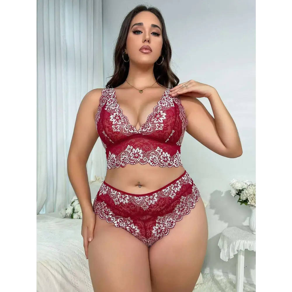Red floral plus size lace underwear suit featuring a red lace lingerie set with white floral patterns