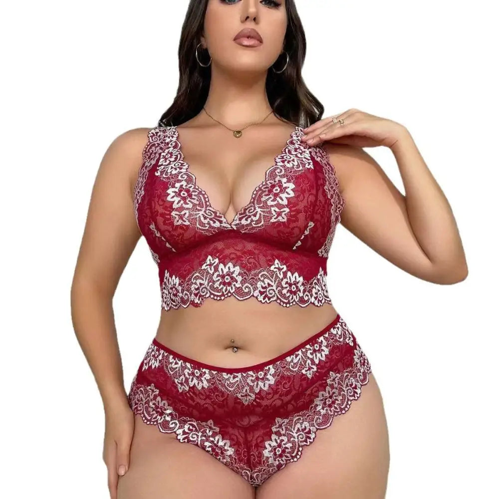 Red floral plus size lace underwear suit featuring red lace with white floral embroidery details