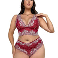 Red floral plus size lace underwear suit featuring red lace with white floral embroidery details