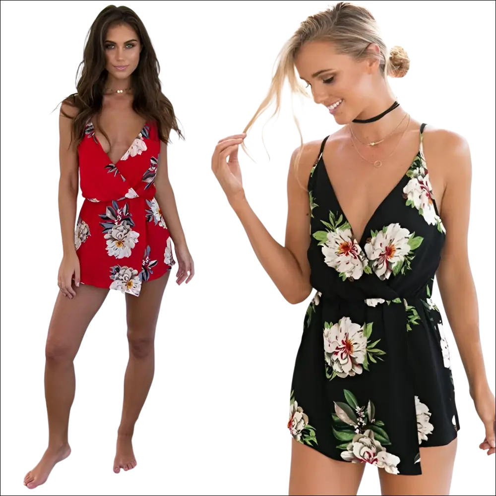 Red floral print jumpsuit image with deep v-neckline, adjustable straps, and matching waist ties in luxury women’s fashion