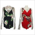 Black and red floral print wrap-style dresses on mannequins showcasing luxury women’s fashion jumpsuit image