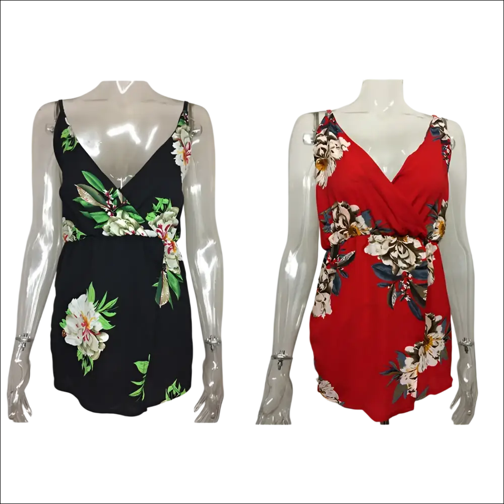 Black and red floral print wrap-style dresses on mannequins showcasing luxury women’s fashion jumpsuit image