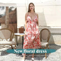 A flowing tiered maxi red floral ruffled fashion simple dress in soft pink and white with a ruffled neckline and straps