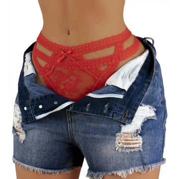 Red floral women panties lace bikini lace thong featuring a decorative bow and intricate floral pattern in red