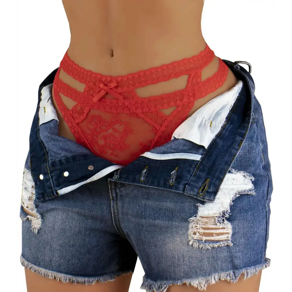 Red floral women panties lace bikini lace thong featuring a decorative bow and intricate floral pattern in red