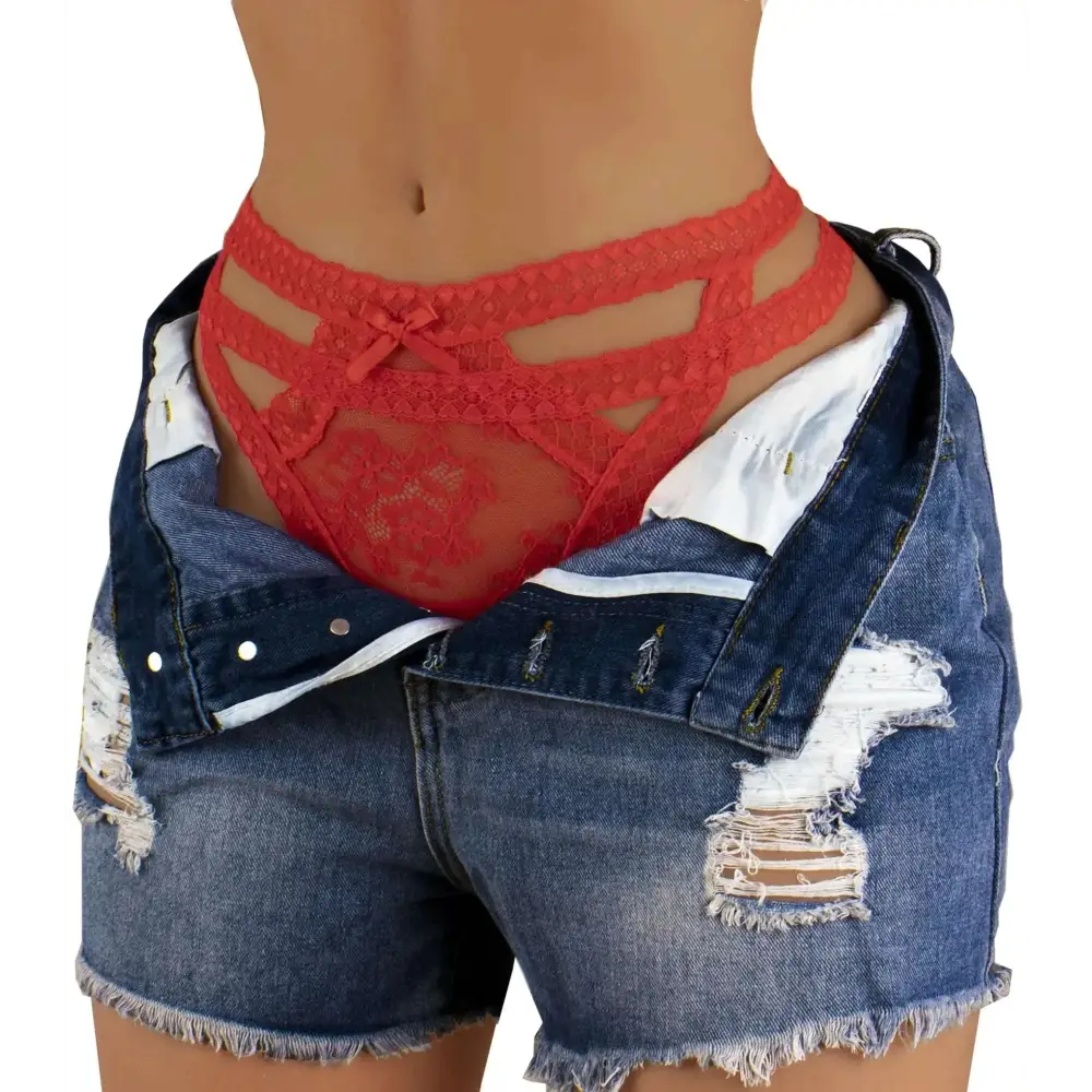 Red floral women panties lace bikini in red lace thong style with decorative bow and floral pattern