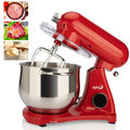 Red fully automatic home cook machine stand mixer with stainless steel bowl and clear plastic lid for versatile mixing