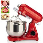 Red fully automatic home cook machine stand mixer with stainless steel bowl and clear plastic lid for versatile mixing