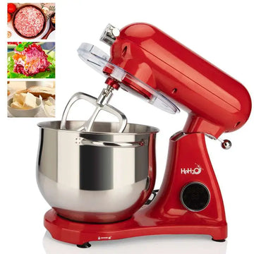 Red fully automatic home cook machine stand mixer with stainless steel bowl and clear plastic lid for versatile mixing