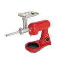 Red fully automatic home cook machine stand mixer with a sleek electric meat grinder and stainless steel components