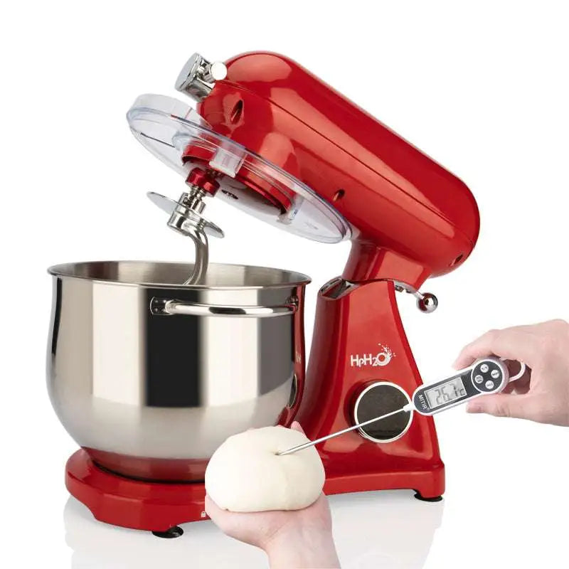 Red fully automatic home cook machine stand mixer with stainless steel bowl and clear plastic lid in vibrant red
