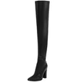 Black over-the-knee boots with a sleek glossy leather finish and block heel, complementing pointed high heel designs