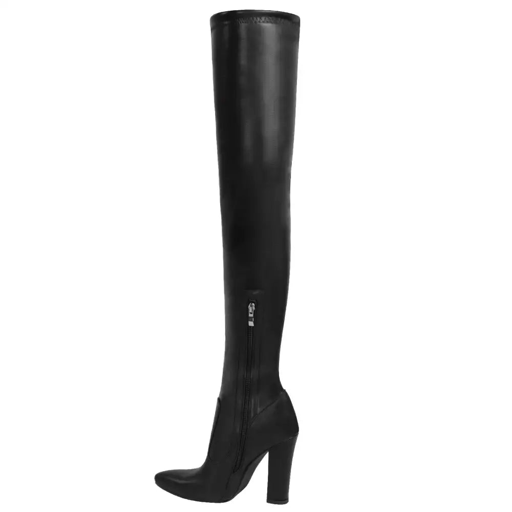 Black over-the-knee boots with a chunky heel and sleek glossy leather finish featuring a pointed high heel