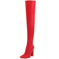 Vibrant red glossy leather over-the-knee boots with a pointed high heel and block heel design
