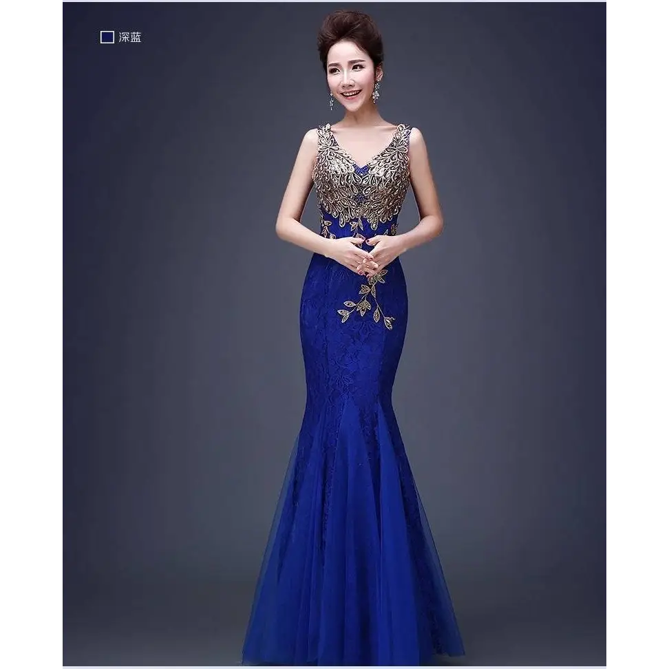 Red gold beaded fish tail banquet evening dress with lace and intricate bead detailing for formal occasions