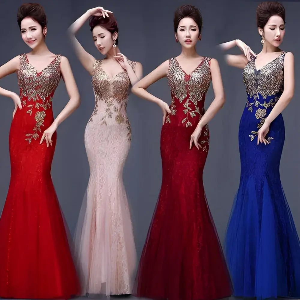 Red gold beaded fish tail banquet evening dress with lace and intricate bead detailing for formal occasions